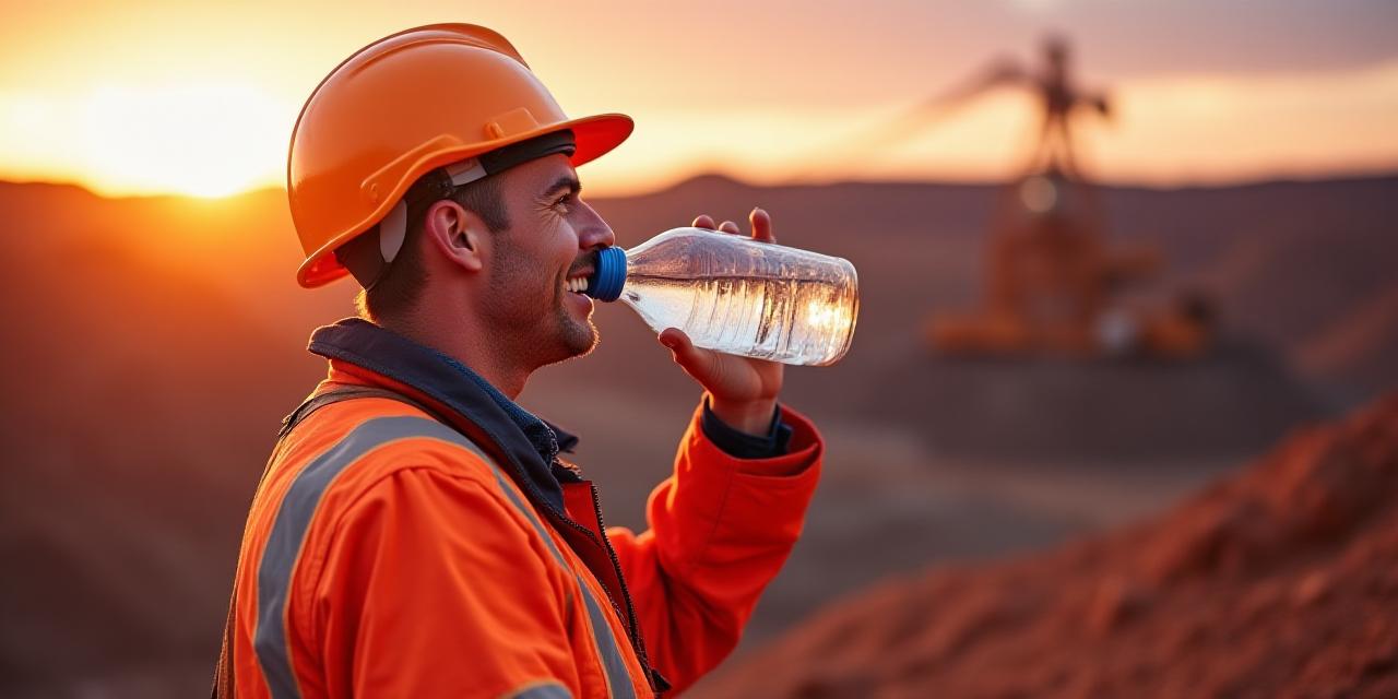 A healthy mining professional in high-visibility gear staying hydrated on an Australian remote site